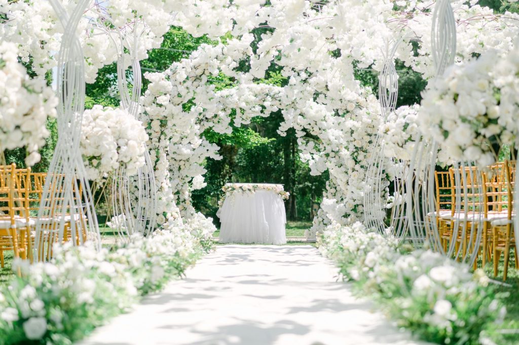 une cour avec des fleurs blanches